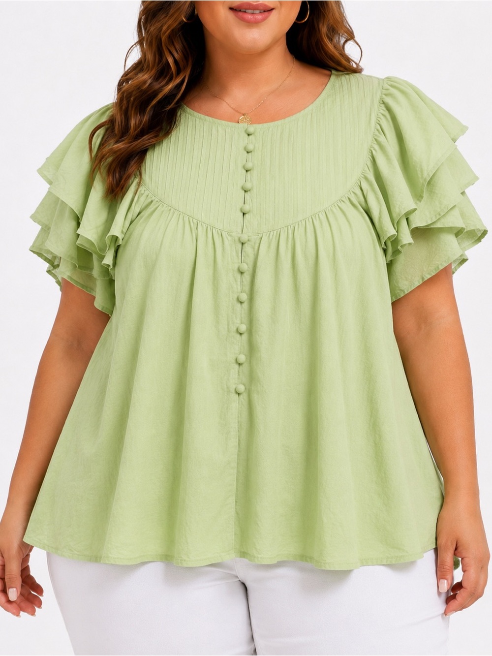 Ivy City Co Green Ruffle Flutter Sleeve Pintuck Cotton Blouse Oversized Top XL
